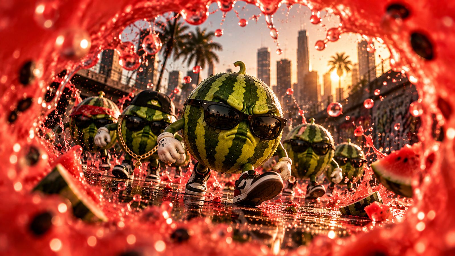 The melon crew charging through a tunnel of juice