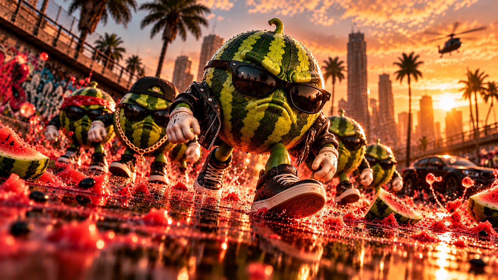 A crew of round watermelons in sunglasses and chains walking the street at sunset