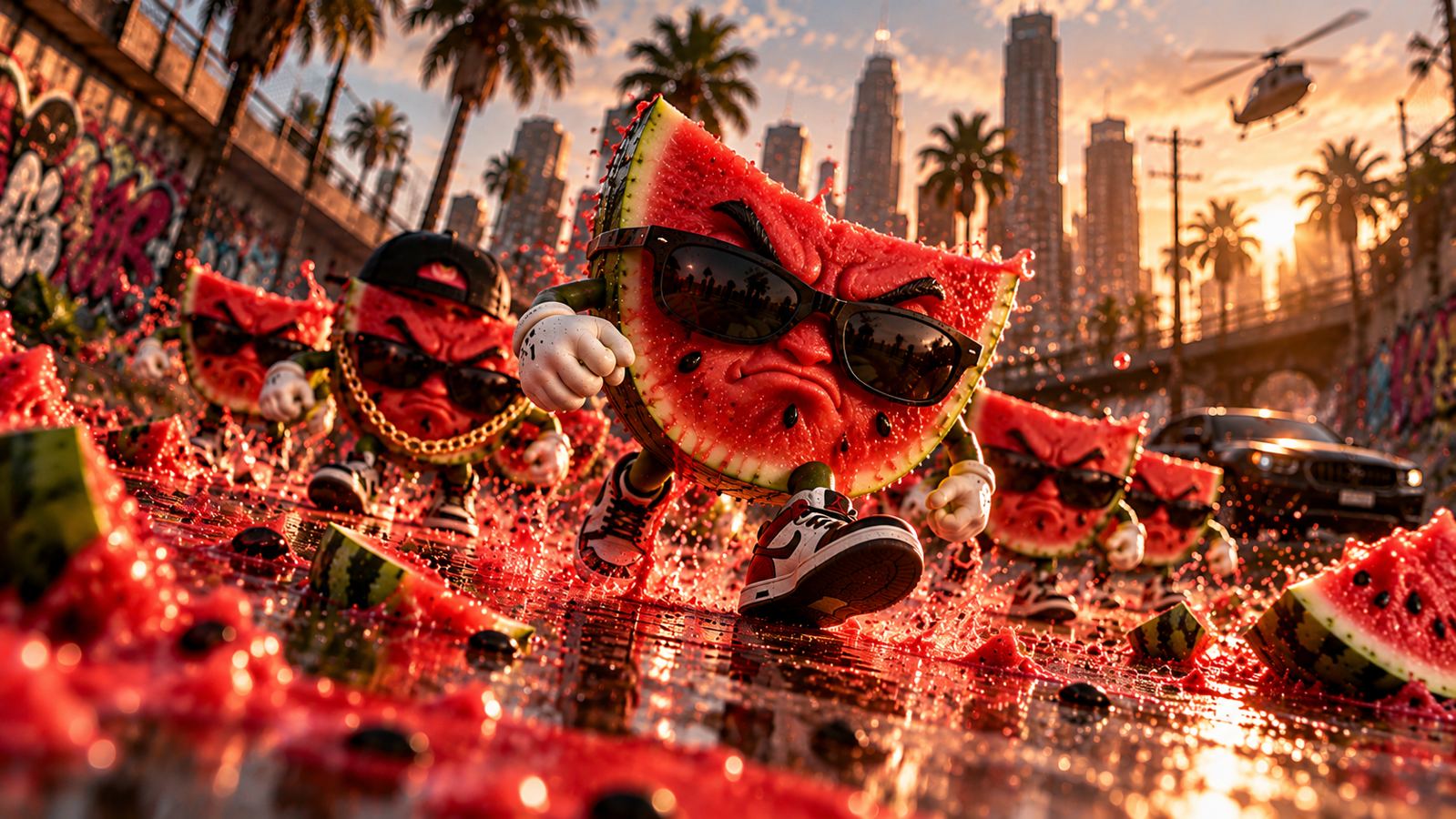 A crew of angry watermelon slices in sunglasses and chains marching through spilled juice at sunset