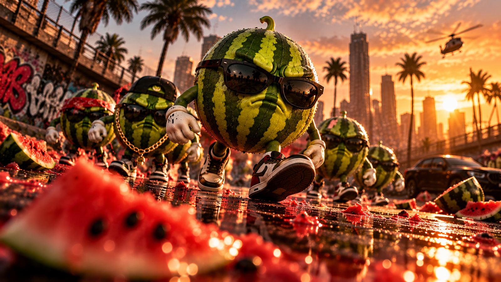 The melon crew walking through juice with a slice in the foreground
