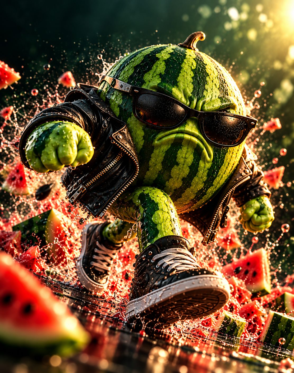 An angry watermelon in a leather jacket and sneakers punching through a splash of juice