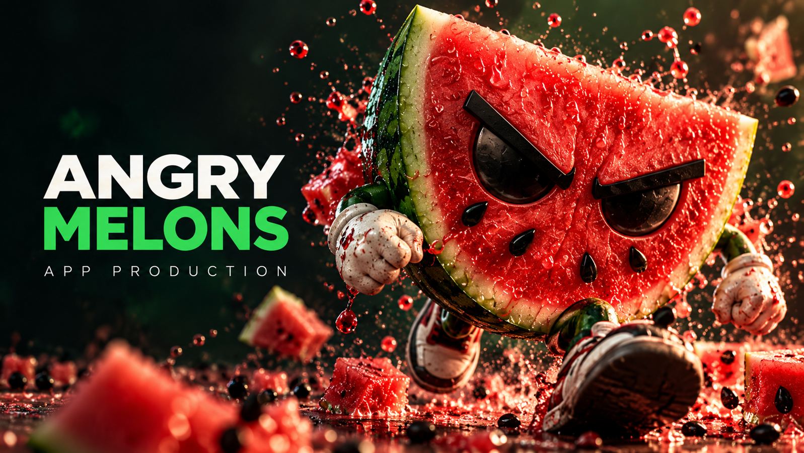 Angry Melons logo next to a running melon slice in sneakers