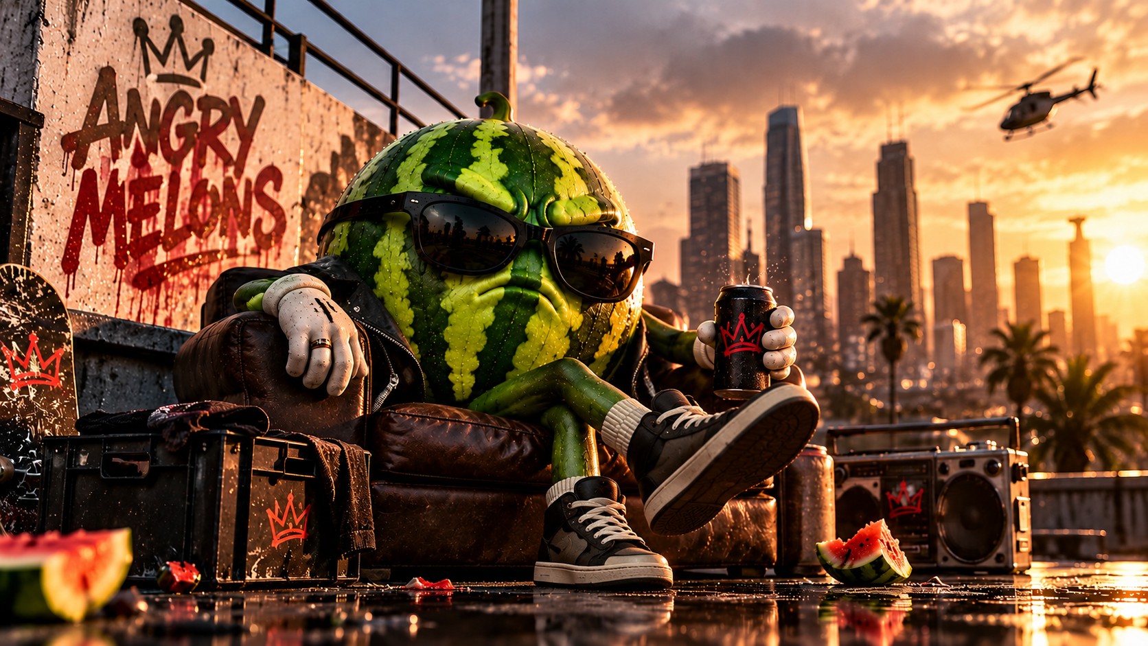 A watermelon in sunglasses lounging on a leather couch on a rooftop with a city skyline